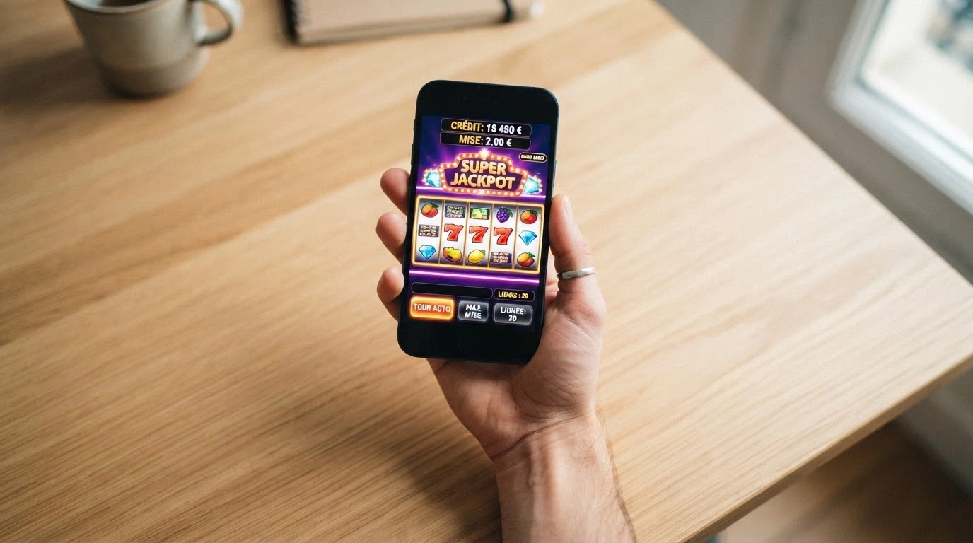 Une main tenant un smartphone affichant une machine à sous en mode démo, avec les boutons de commande visibles à l'écran