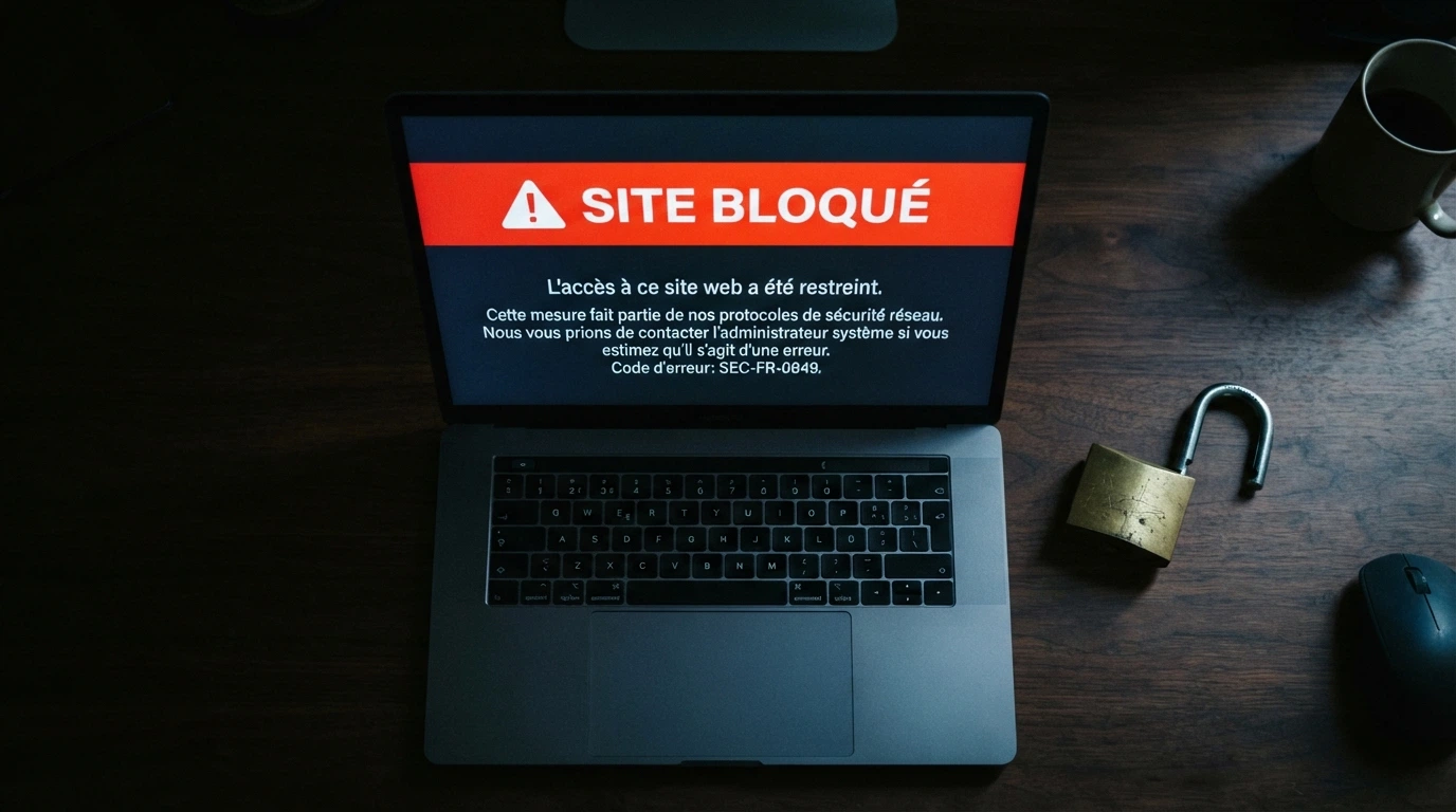Le logo de l'ANJ juxtaposé à un écran affichant le message « Site bloqué » en français et un cadenas ouvert