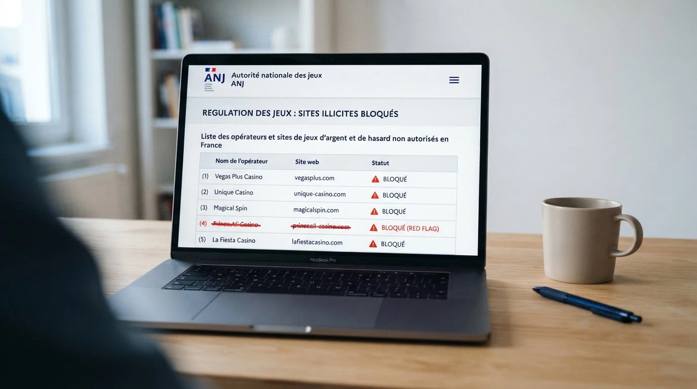 Écran affichant la page de l'ANJ (Autorité nationale des jeux) avec une liste de sites bloqués et une adresse de casino barrée en rouge