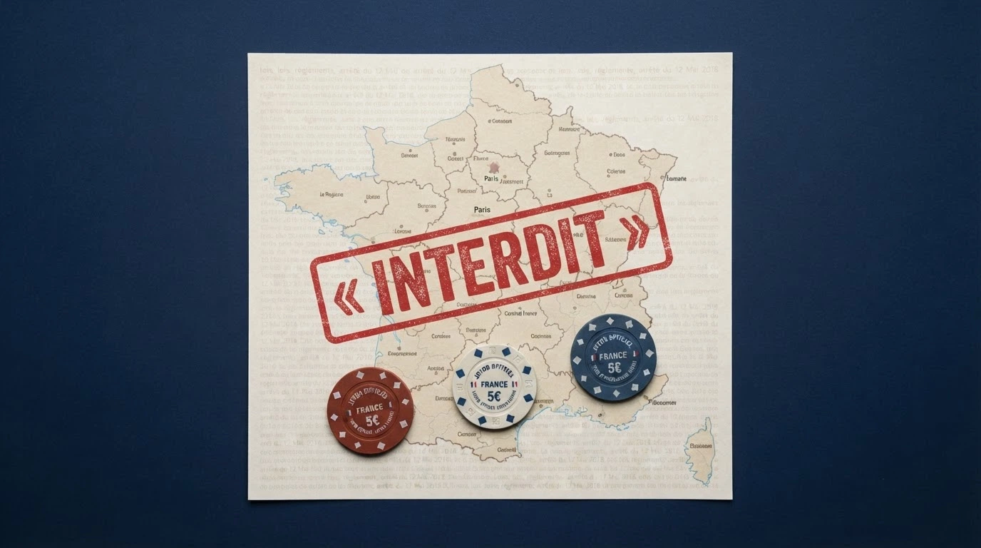 Une carte de France stylisée sur fond de texte juridique, marquée d'un tampon rouge « INTERDIT » qui recouvre des jetons de casino.