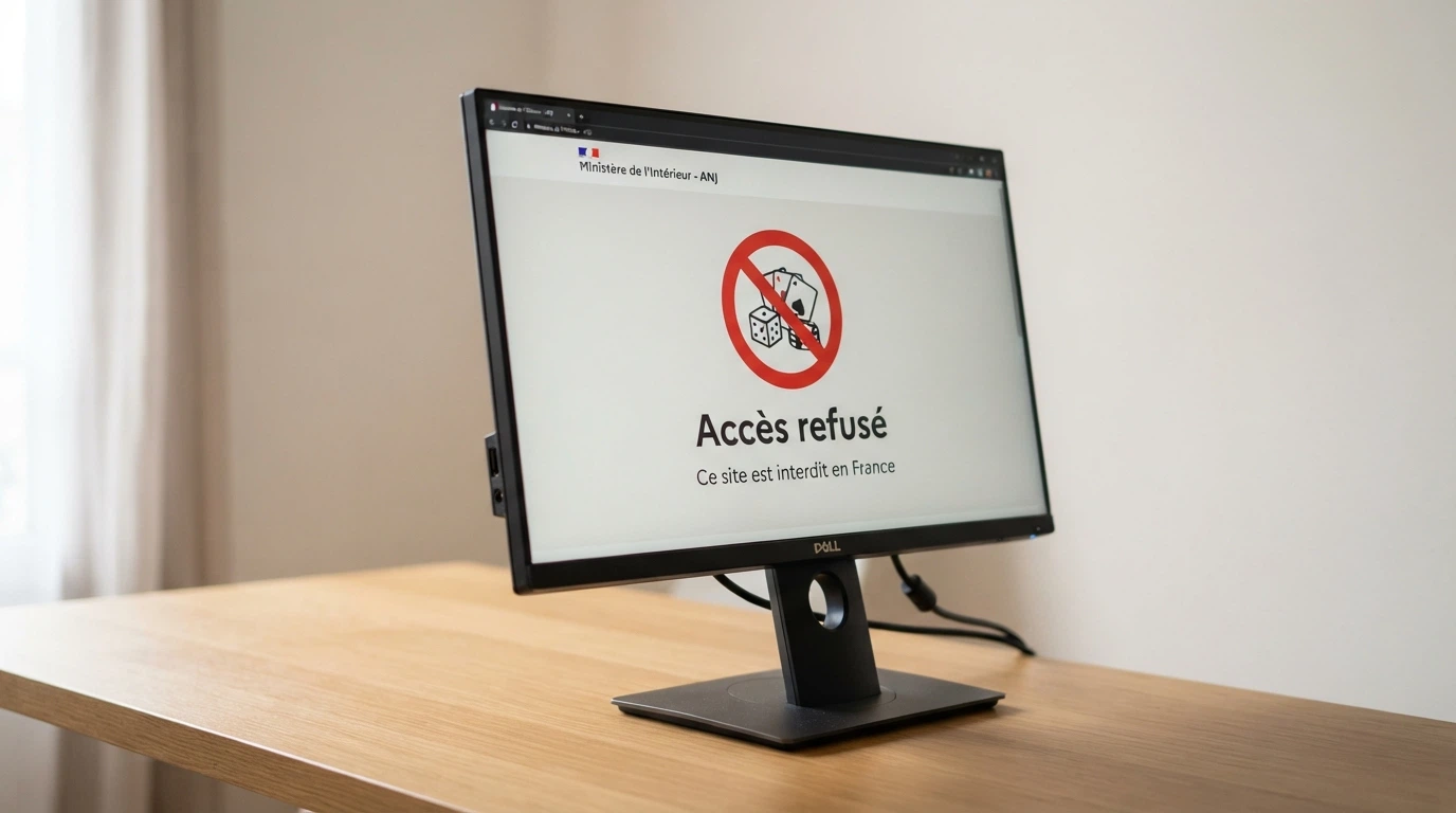 Écran d'ordinateur affichant le site de l'ANJ et un panneau d'interdiction