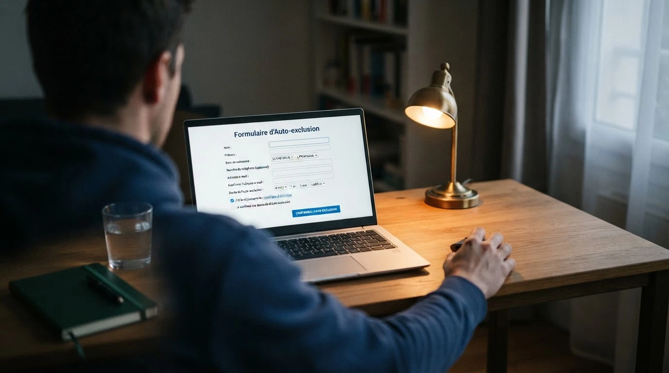 Capture d'écran de la procédure d'auto-exclusion en ligne sur le site de l'ANJ avec le formulaire IVJ