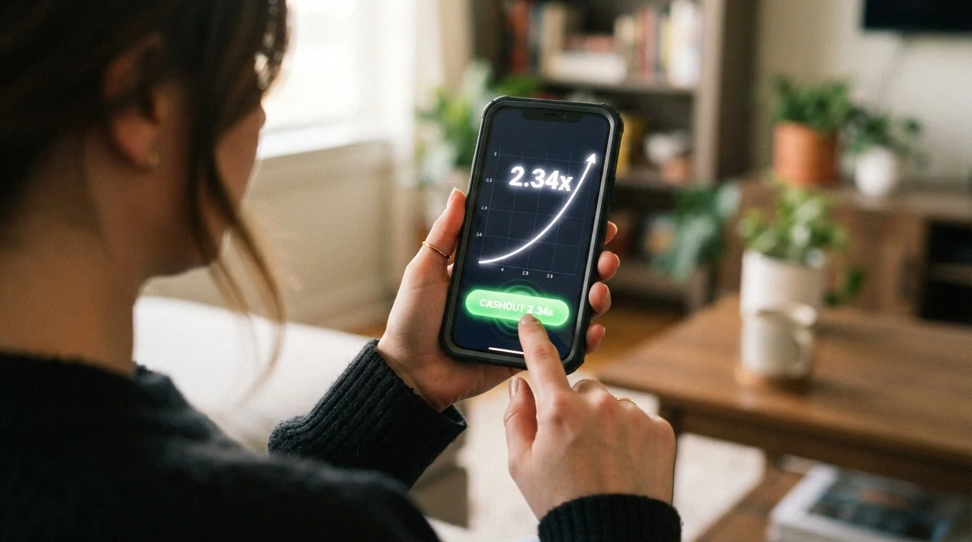 Un joueur sur mobile appuyant sur le bouton de cashout au moment où le multiplicateur atteint ×2,34, avec la courbe du multiplicateur visible en arrière-plan.