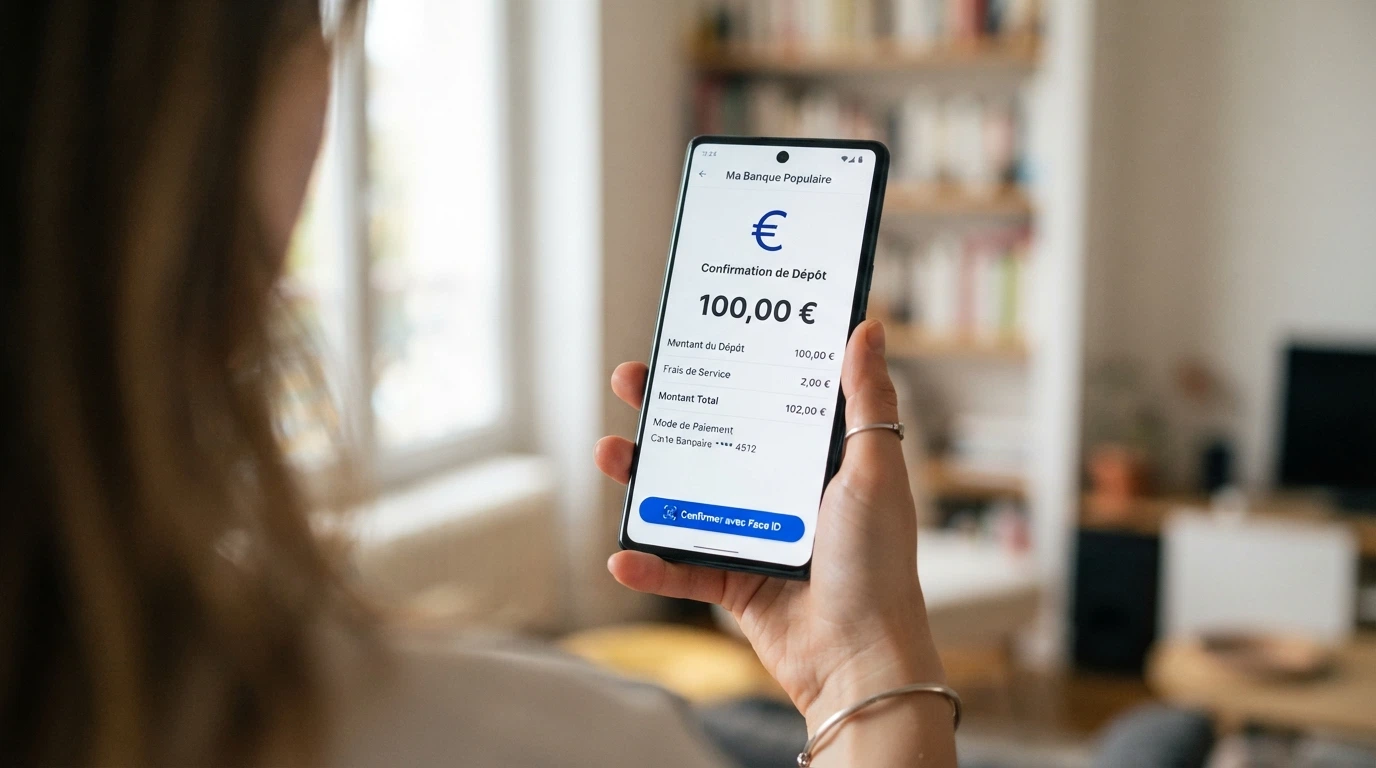 Capture d'écran de l'application MuchBetter montrant un écran de dépôt avec le montant, les frais applicables et la confirmation biométrique