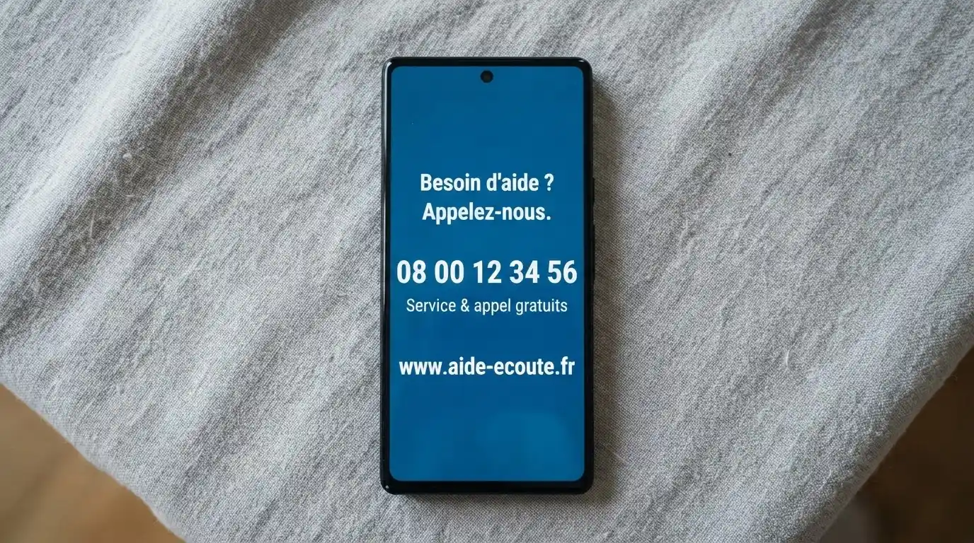Téléphone portable affichant le numéro de Joueurs Info Service et le site Evalujeu sur son écran