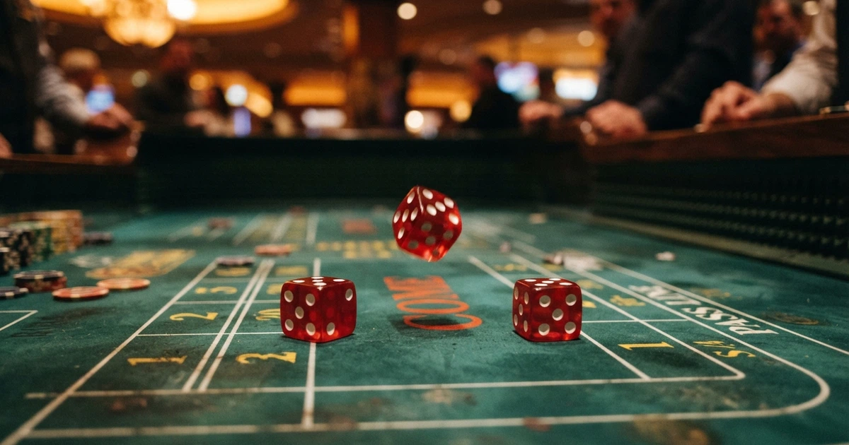 Trois dés de casino posés sur un tapis vert, l'un d'eux encore en mouvement après un lancer, sur fond de table de jeu tamisée