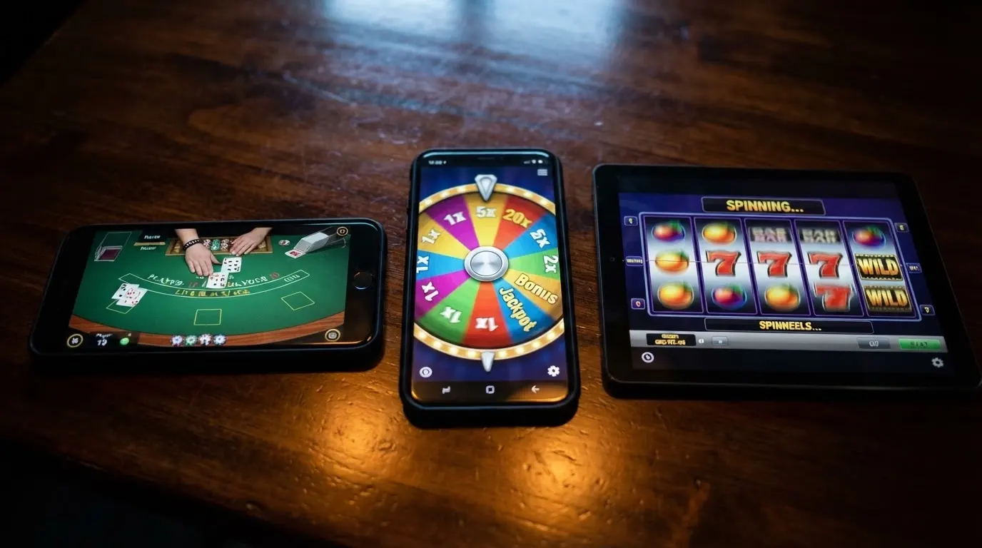 Écran partagé montrant trois jeux Evolution Gaming : une table de blackjack live, la roue de Crazy Time et une machine à sous NetEnt