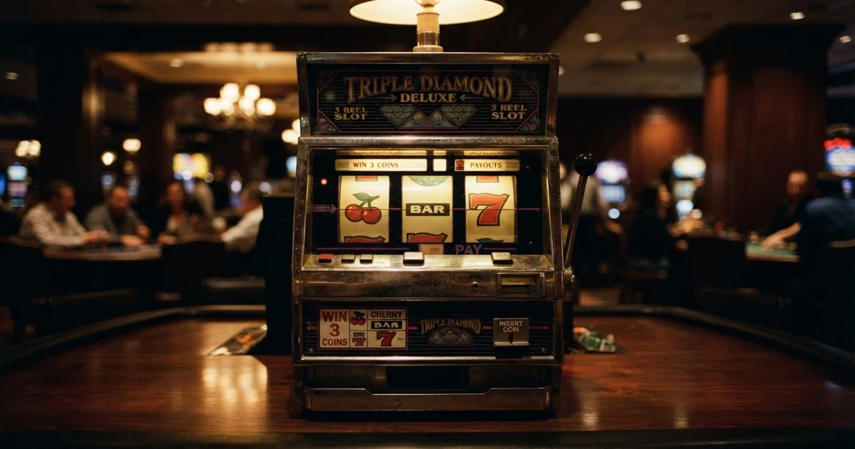 Trois rouleaux de machine à sous affichant les symboles cerise, BAR et 7, avec un cadre mécanique rétro éclairé