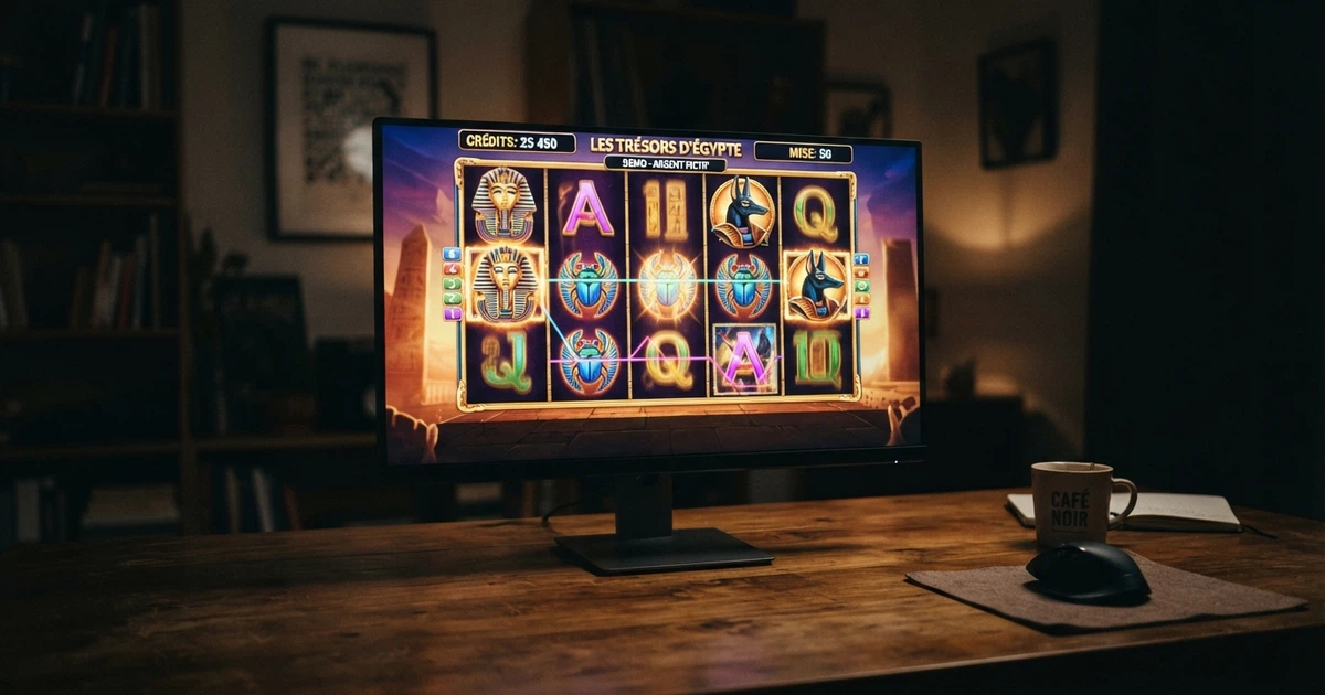 Une interface de machine à sous en mode démonstration sur un écran d'ordinateur, affichant des rouleaux colorés et un compteur de crédits virtuels