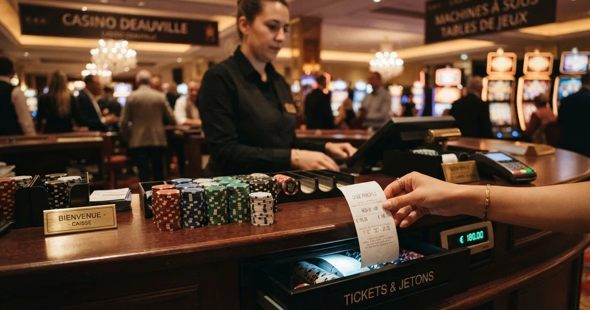 Un guichet de casino terrestre avec des billets de banque et des jetons de jeu empilés, une main tendant un ticket de caisse