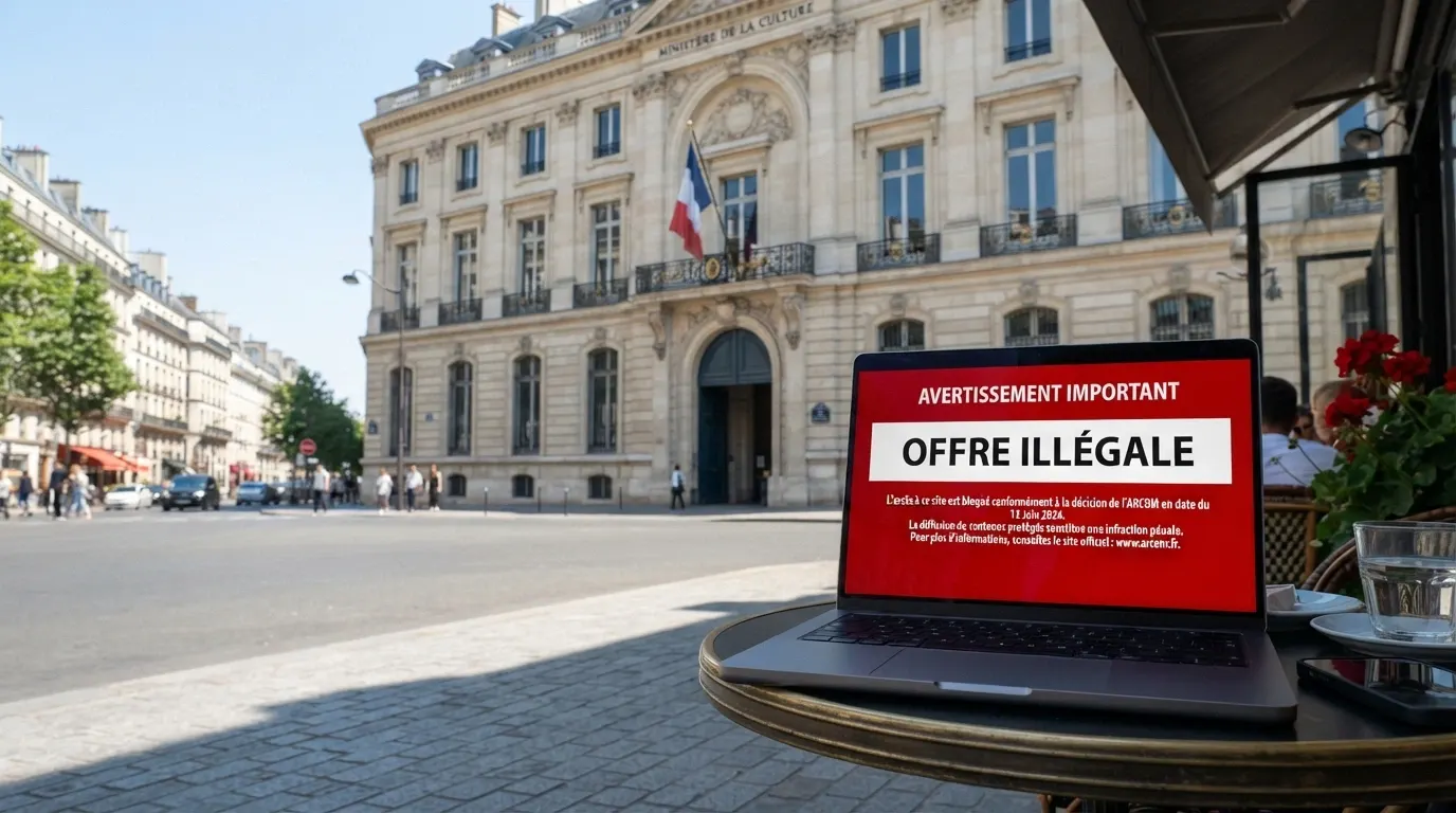 La façade du siège de l'Autorité nationale des jeux à Paris, avec le drapeau français et une capture d'écran de la page « offre illégale » du site anj.fr sur un écran à côté.