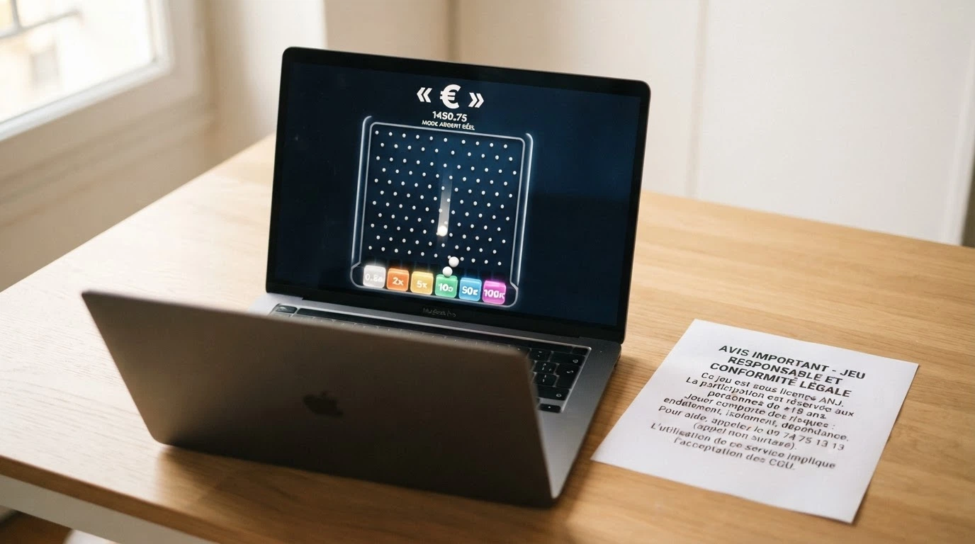 Un document officiel français posé à côté d'un écran affichant une interface de casino Plinko, symbole du décalage entre le cadre légal et la réalité en ligne