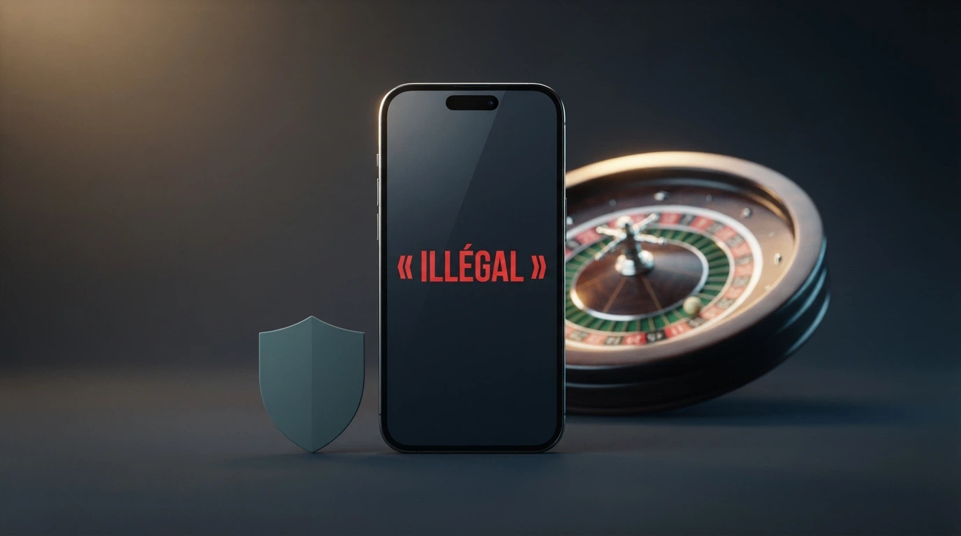 Le logo de l'ANJ à côté d'un téléphone affichant le mot « illégal » et une roulette de casino en arrière-plan