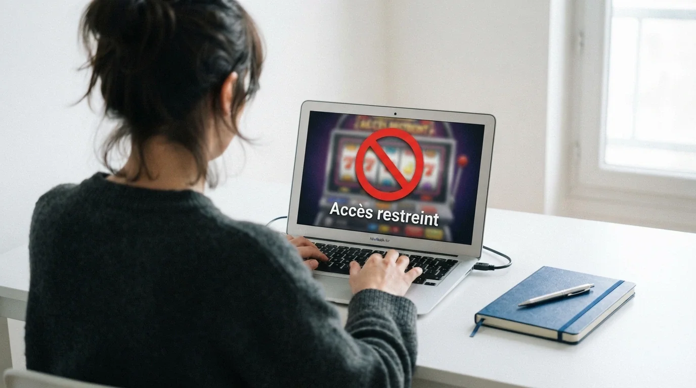 Un document officiel portant le logo de l'ANJ posé à côté d'un écran affichant l'interface d'un casino en ligne barrée d'un cadenas