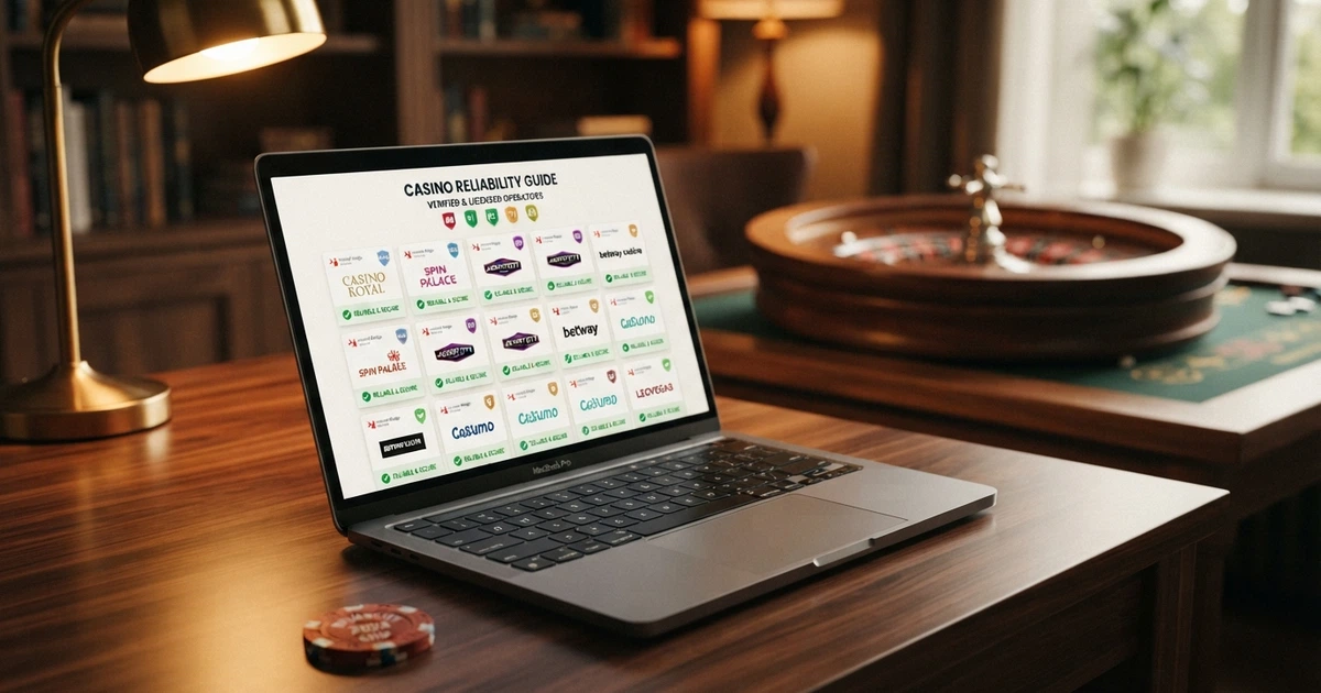 Comparaison de casinos en ligne sur un écran, avec des badges de licence et des indicateurs de fiabilité