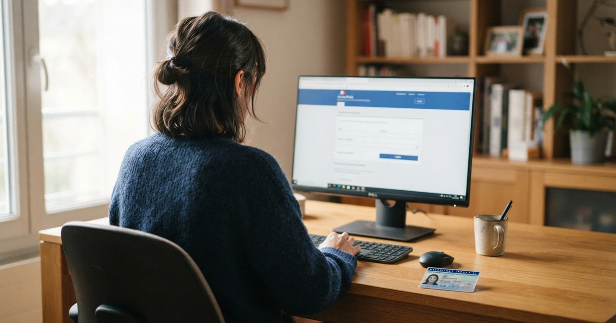 Une personne devant un écran d'ordinateur affichant le portail interdictiondejeux.anj.fr, une pièce d'identité posée à côté du clavier, l'interface arborant les couleurs institutionnelles de l'ANJ