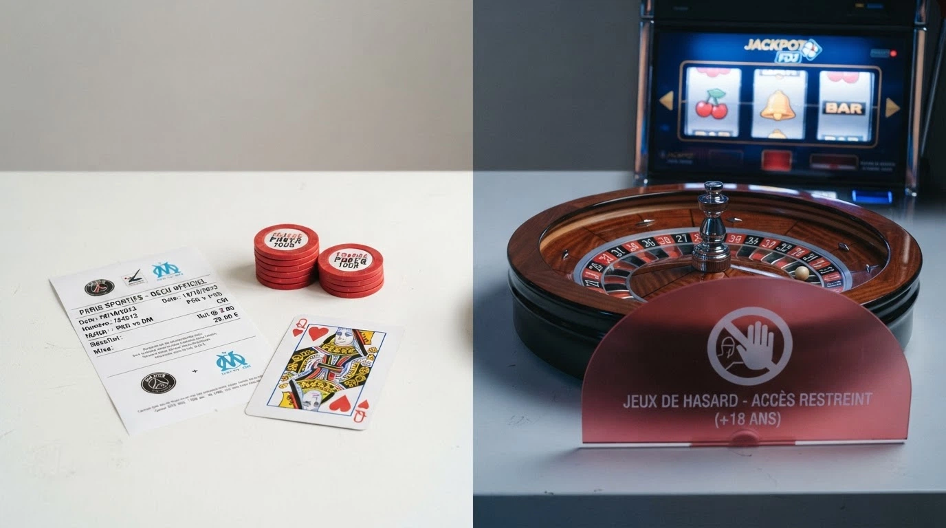 Un écran partagé en deux : à gauche le logo de l'ANJ avec les icônes paris sportifs, hippiques et poker ; à droite des icônes de machines à sous et de roulette barrées d'un symbole d'interdiction.