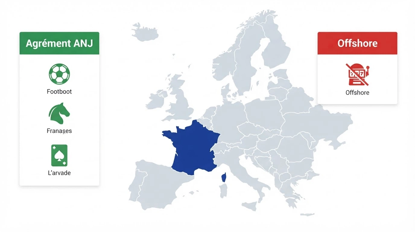 Une carte simplifiée de l'Europe avec la France en surbrillance et deux blocs distincts : « Agrément ANJ » (vert, trois icônes : sport, cheval, poker) et « Offshore » (rouge, icône casino barrée)