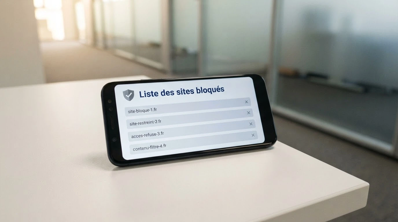Le logo de l'ANJ sur un fond institutionnel, à côté d'une capture d'écran de la liste noire des sites bloqués