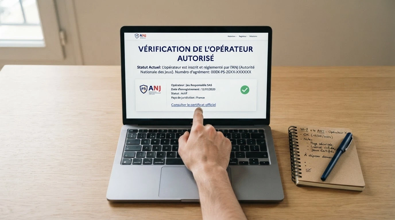 Document officiel de licence de jeu posé sur un bureau, à côté d'un écran affichant le registre ANJ
