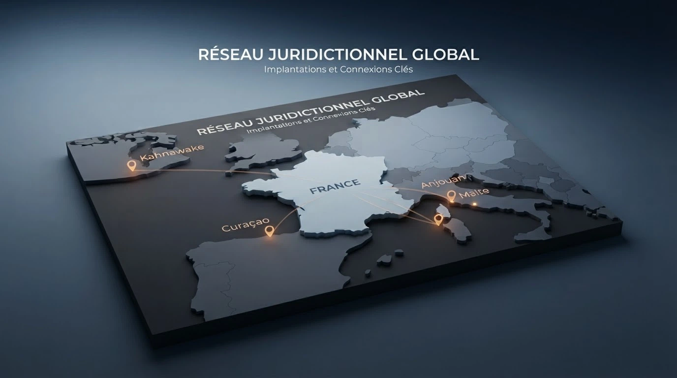 Carte des juridictions de licence des casinos sans vérification — Curaçao, Malte, Anjouan, Kahnawake — avec la France en contraste