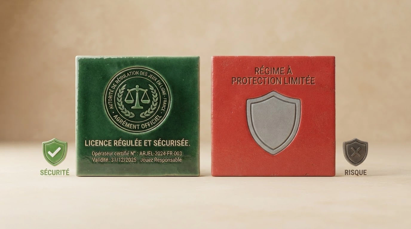 Carte visuelle des licences : un document officiel Curaçao juxtaposé à l'absence de l'agrément ANJ, avec les logos des casinos examinés en périphérie