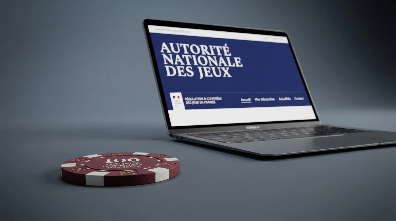 Document de licence Curaçao eGaming posé sur une table, écran affichant le site de l'ANJ en arrière-plan