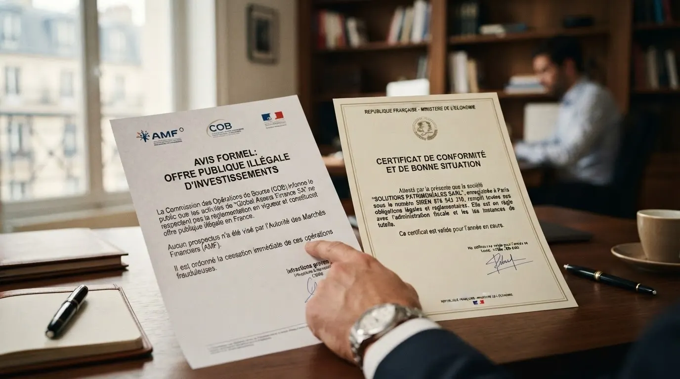 Un écran partagé montrant à gauche le logo de la Kahnawà:ke Gaming Commission avec un Certificate of Good Standing, et à droite le logo de l'ANJ avec la mention « offre illégale »
