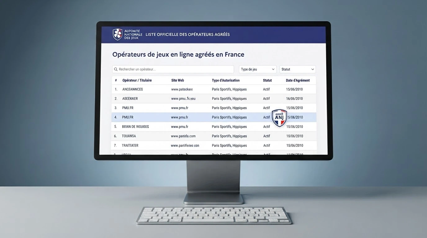Capture d'écran de la page officielle anj.fr présentant la liste des opérateurs agréés avec un numéro d'agrément mis en évidence