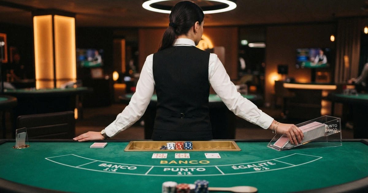 Une table de baccarat en direct filmée en plan large, avec un croupier en tenue professionnelle distribuant les cartes devant un écran de pari numérique