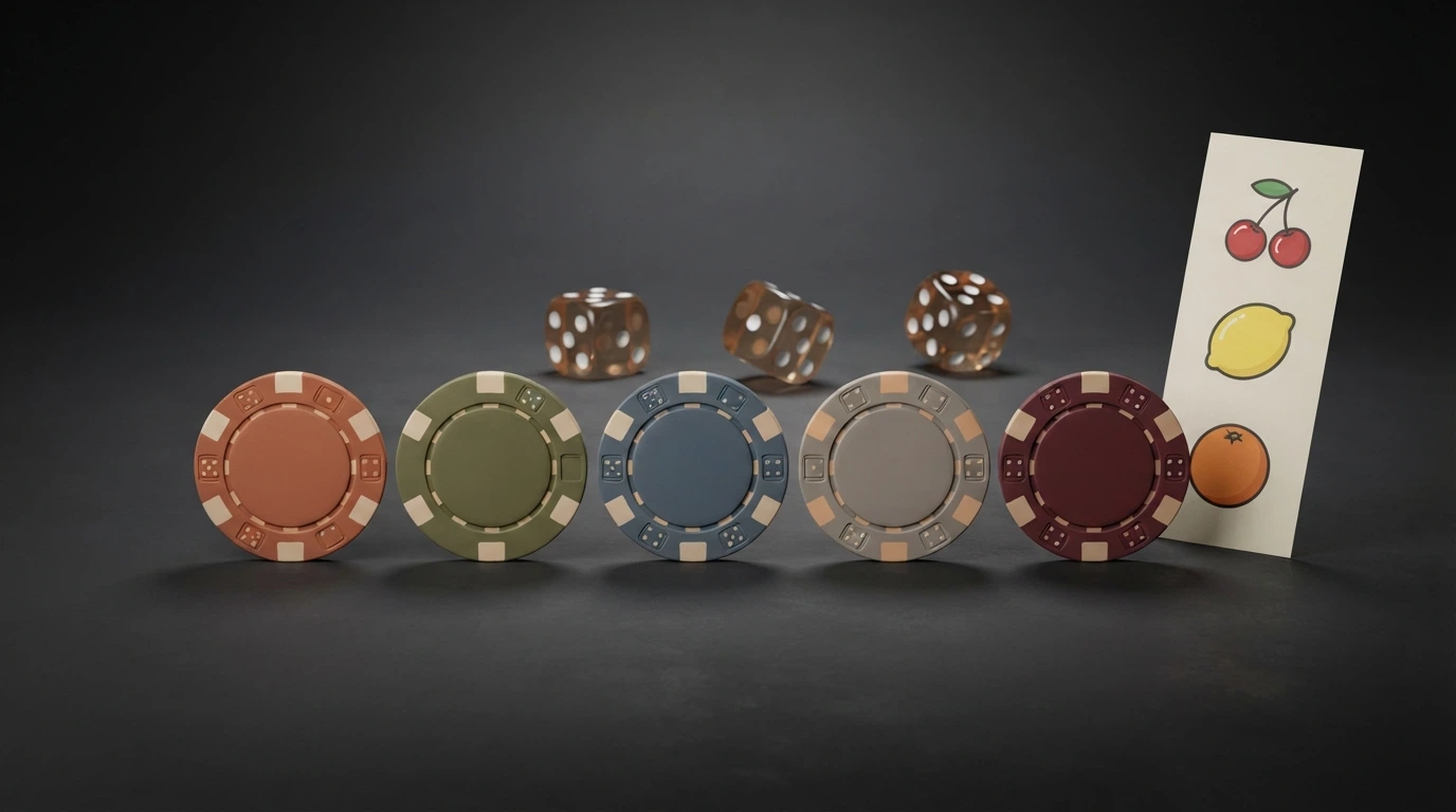 Une rangée de logos de casinos en ligne sur fond sombre, avec des icônes de machines à sous et de dés en arrière-plan, sans aucun logo de l'ANJ