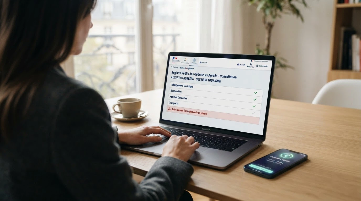 Une capture d'écran du site anj.fr montrant la page de recherche des opérateurs agréés, avec un smartphone en arrière-plan ouvert sur Apple Pay