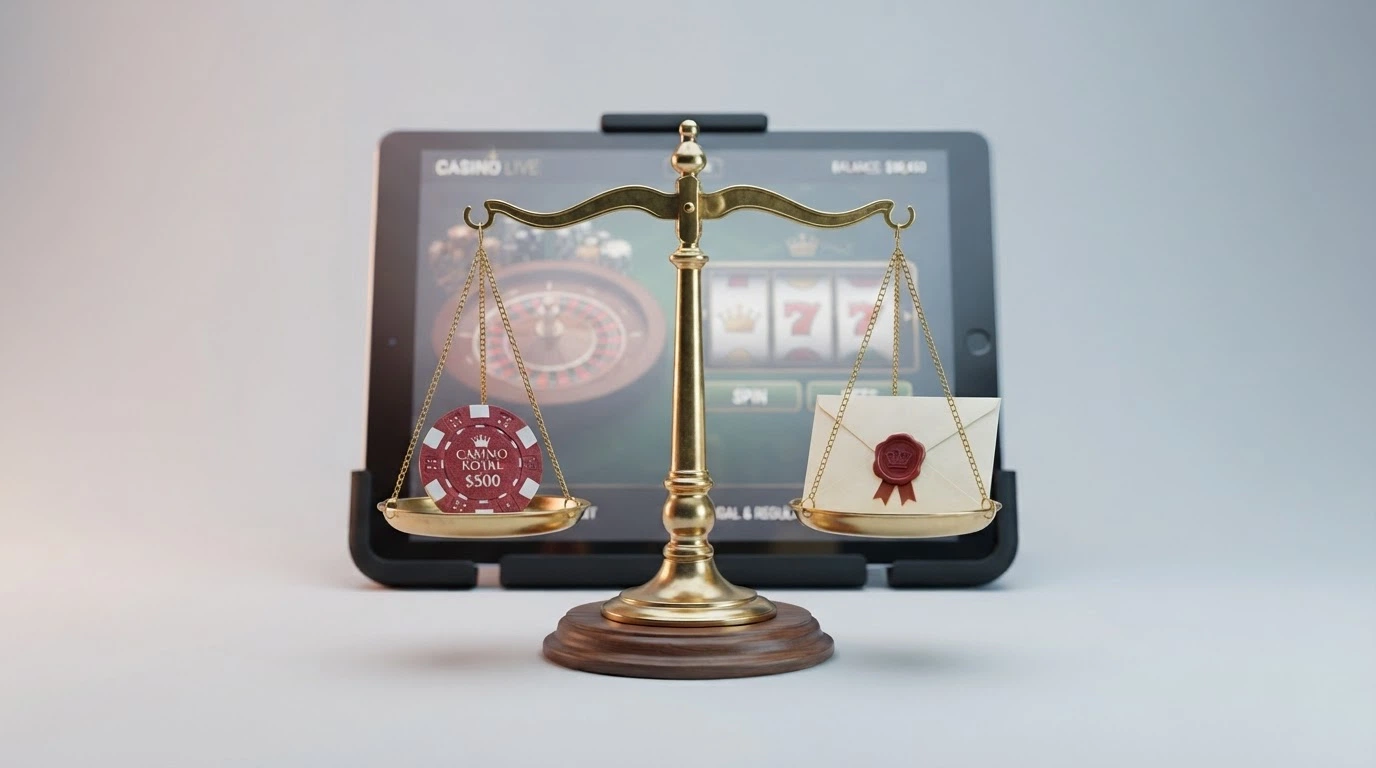 Le logo de l'ANJ ou une balance de justice à côté d'un écran affichant une interface de casino