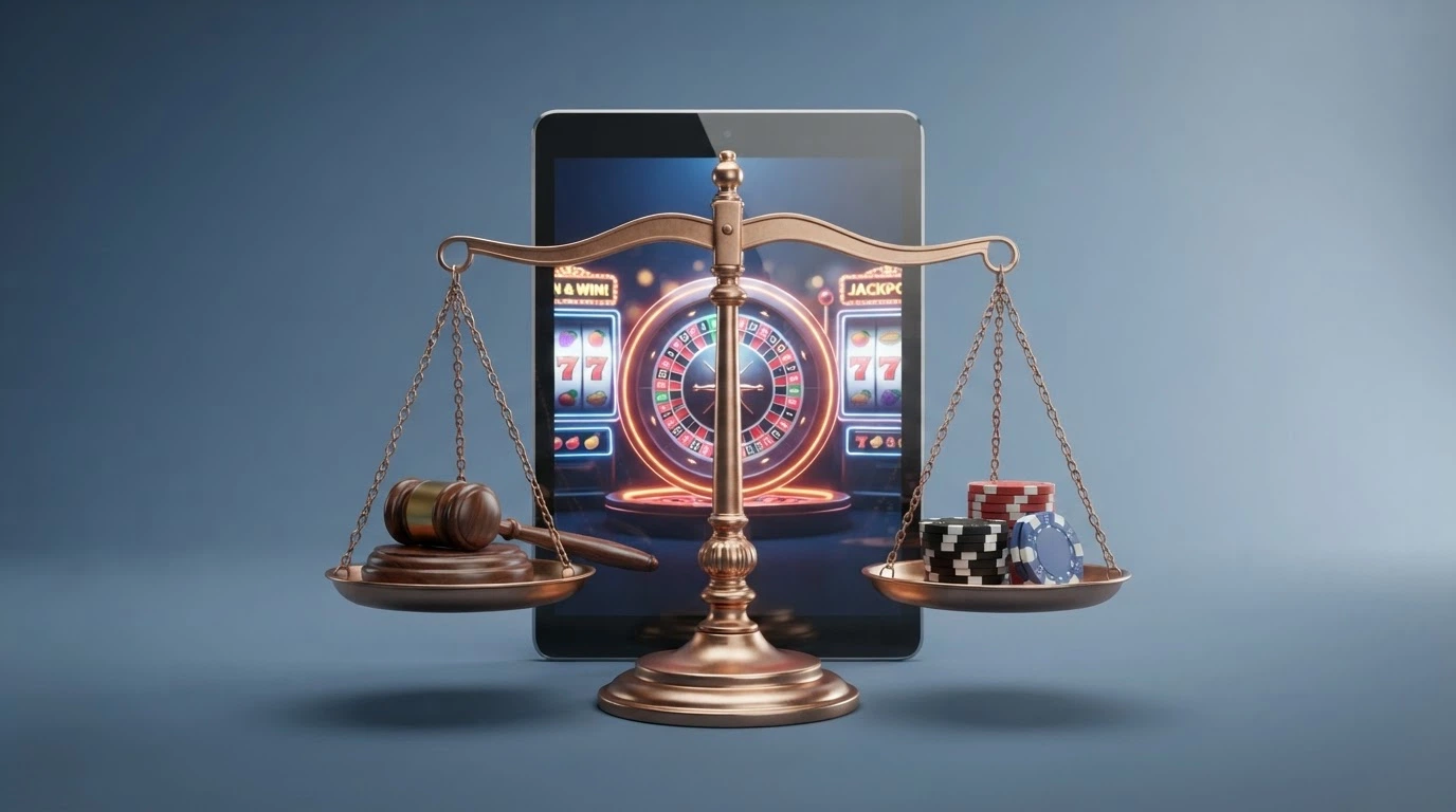 Une balance de justice devant un écran affichant une interface de casino en ligne, symbolisant le cadre légal