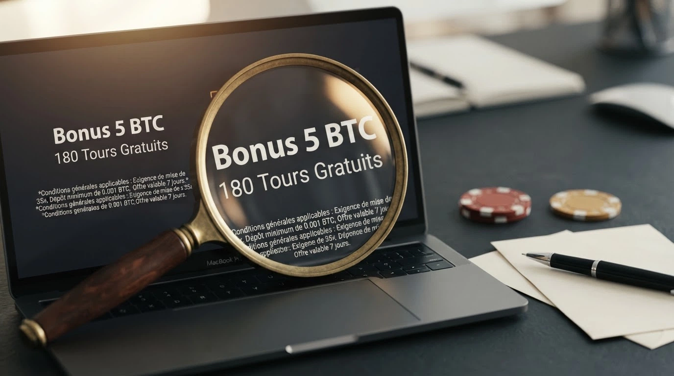 Une loupe posée sur les petites lignes d'un écran affichant « Bonus 5 BTC + 180 FS », révélant des caractères fins détaillant le wagering et la validité.