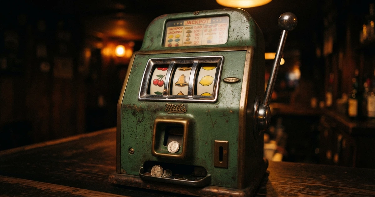 Un levier latéral de machine à sous vintage éclairé par une lumière tamisée, avec des rouleaux affichant des symboles classiques (fruits, cloches).
