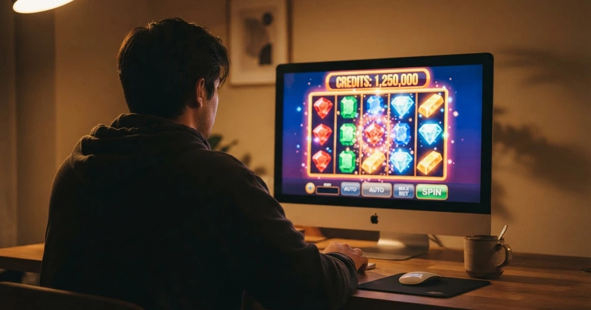 Une personne assise devant un écran d'ordinateur affichant une machine à sous colorée en mode démonstration, avec le compteur de crédits virtuels bien visible et aucun champ de dépôt à l'écran