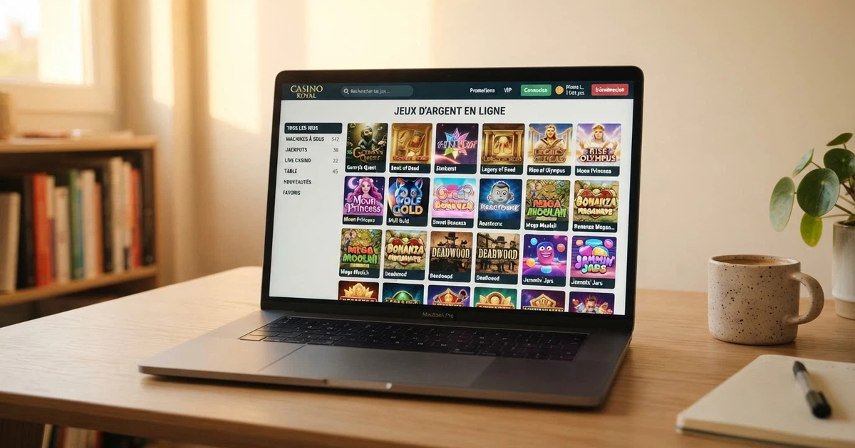 Interface en français d'un portail de machines à sous gratuites sans téléchargement affichée sur un écran d'ordinateur portable, avec une grille de vignettes de jeux et un champ de recherche