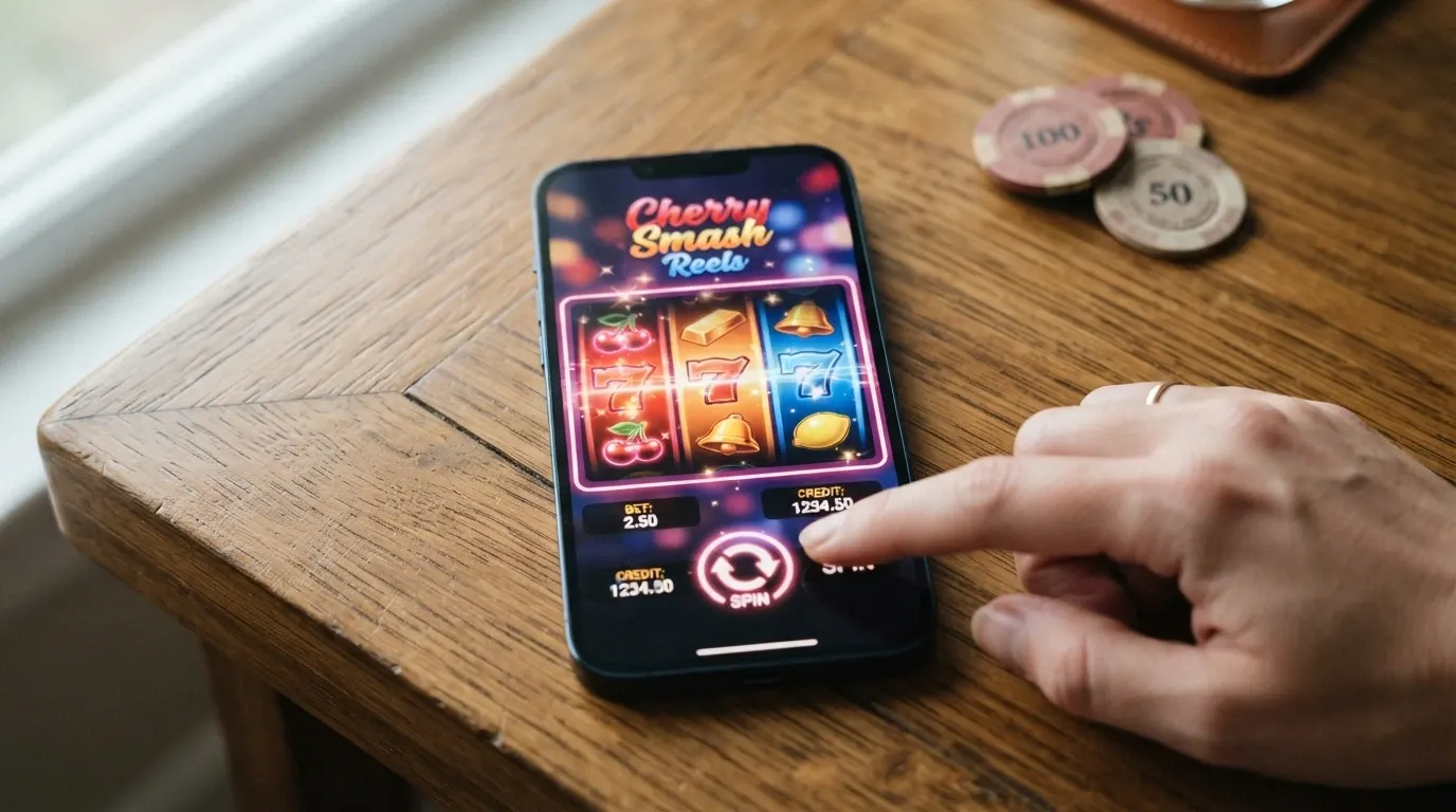 Écran de smartphone affichant une machine à sous en mode portrait, avec des jetons de casino en arrière-plan