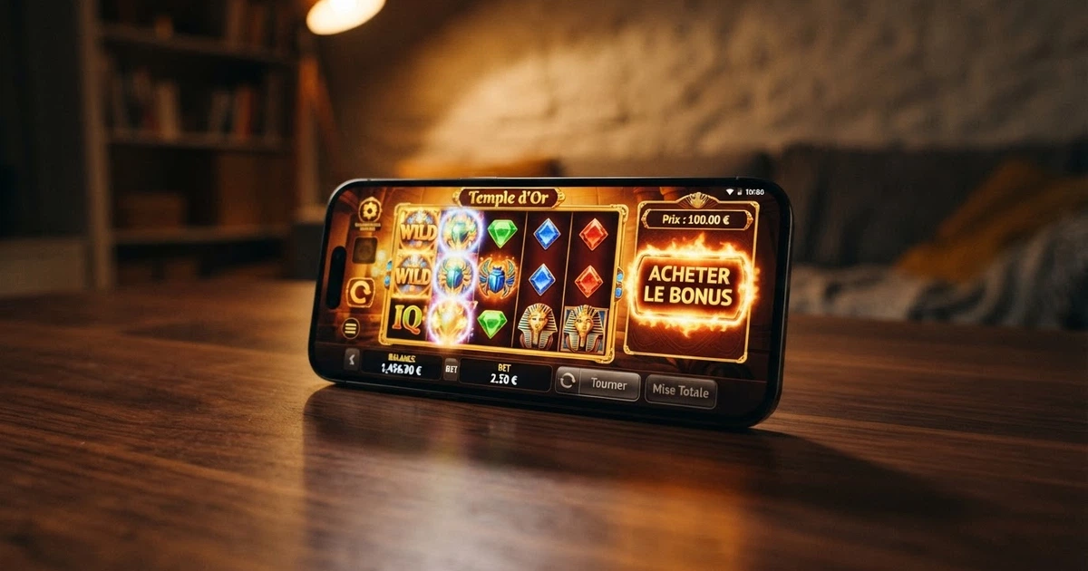 Interface d'une machine à sous en ligne affichant le bouton d'achat de bonus à côté de la grille de jeu