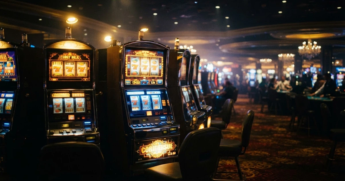 Une rangée de machines à sous colorées dans une salle de casino, écrans lumineux affichant des rouleaux de symboles, ambiance tamisée
