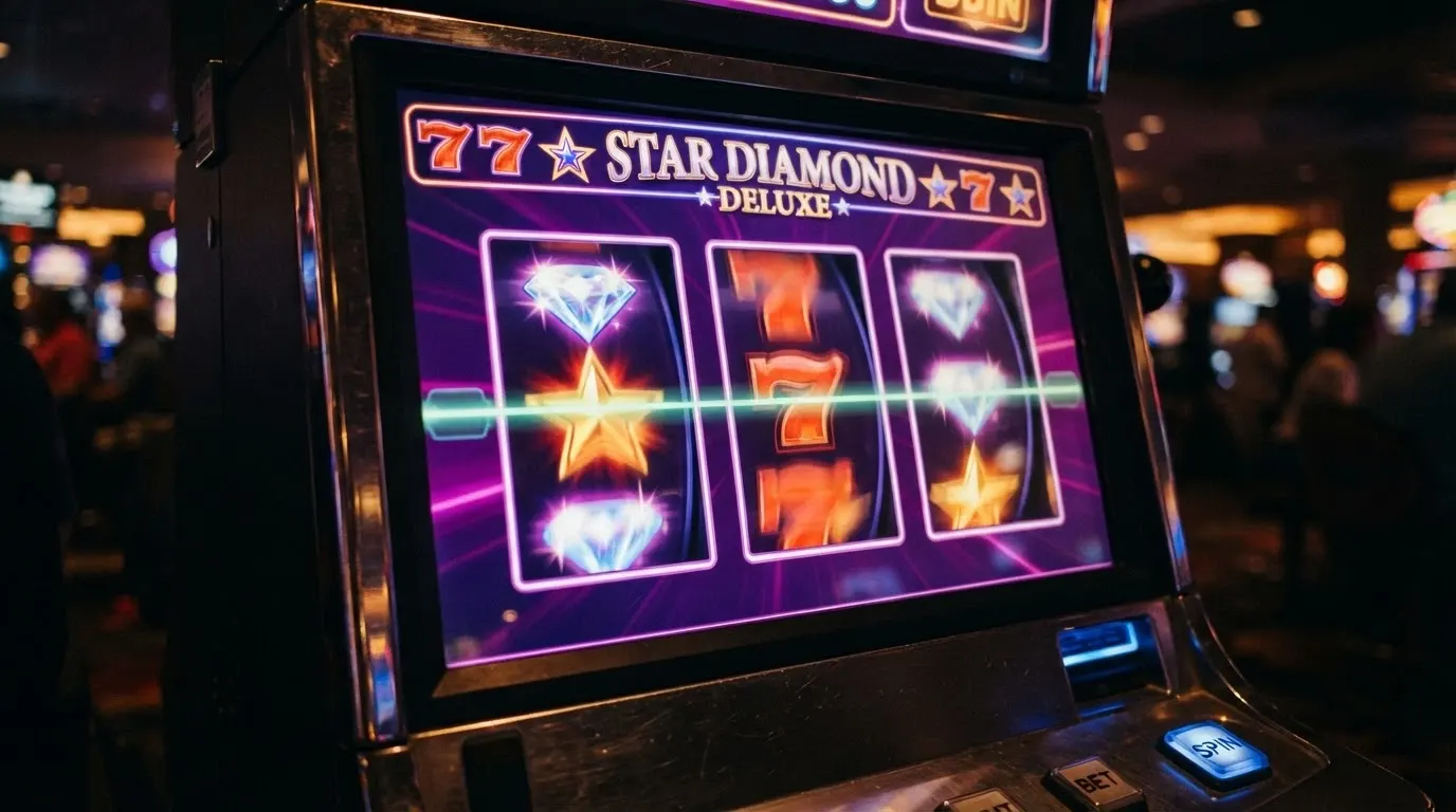 L'écran d'une machine à sous en ligne avec des rouleaux colorés et une interface de jeu