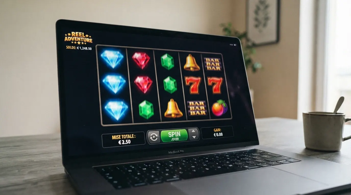 Écran de machine à sous en ligne avec ses rouleaux colorés, ses symboles et son interface de mise en français