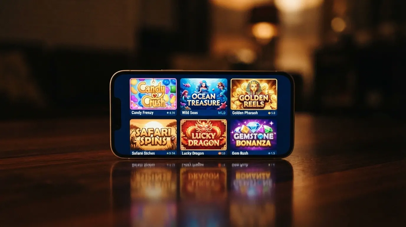 Écran de jeu affichant une grille de machine à sous colorée, avec l'interface d'un casino en ligne