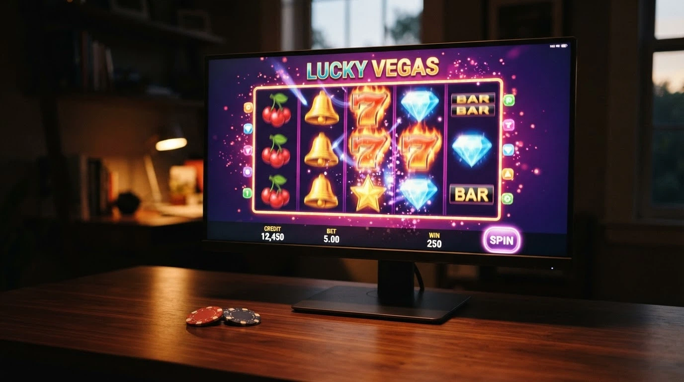 Une machine à sous en ligne colorée sur un écran de bureau, avec l'interface du casino visible en arrière-plan
