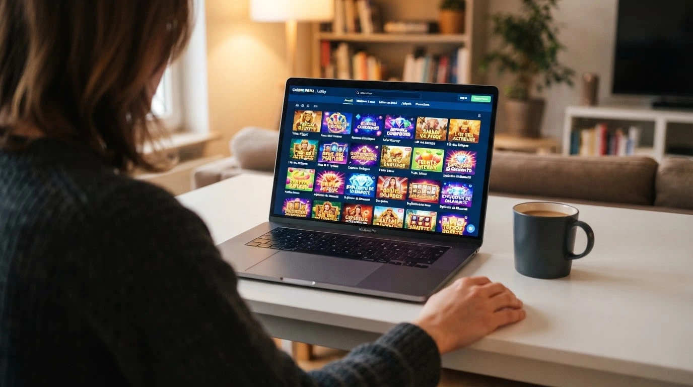 Grille de machines à sous sur un casino acceptant Solana, avec vignettes de jeux et barre de recherche