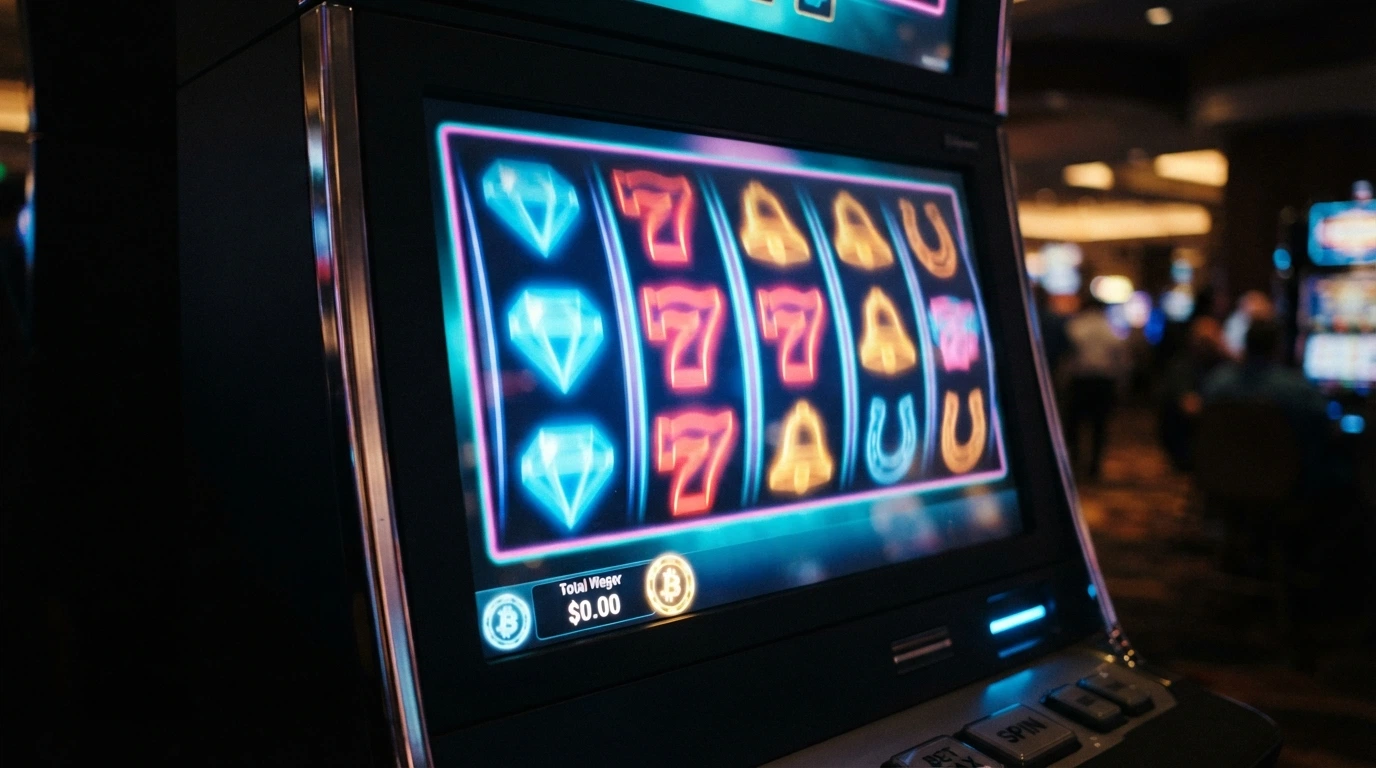 Écran de machine à sous en ligne avec l'option de mise en Dogecoin visible, rouleaux colorés et interface de jeu