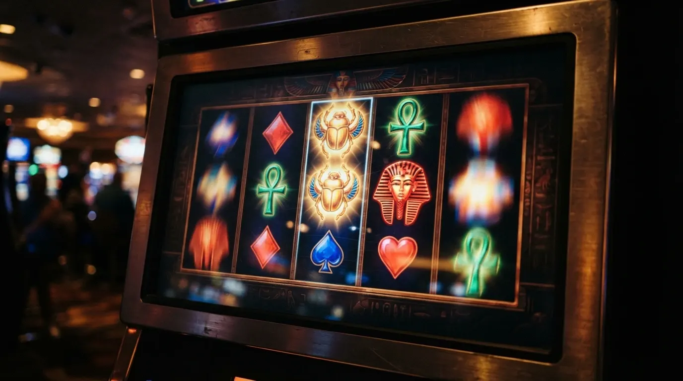 Grille de jeu de la machine à sous Book of Dead de Play'n GO, avec les rouleaux visibles, les symboles égyptiens et le compteur de free spins actif en surimpression.