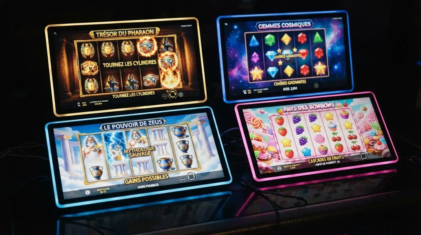 Une mosaïque de quatre machines à sous populaires (Book of Dead, Starburst, Gates of Olympus, Sweet Bonanza) sur un écran de casino, avec leurs grilles de jeu visibles