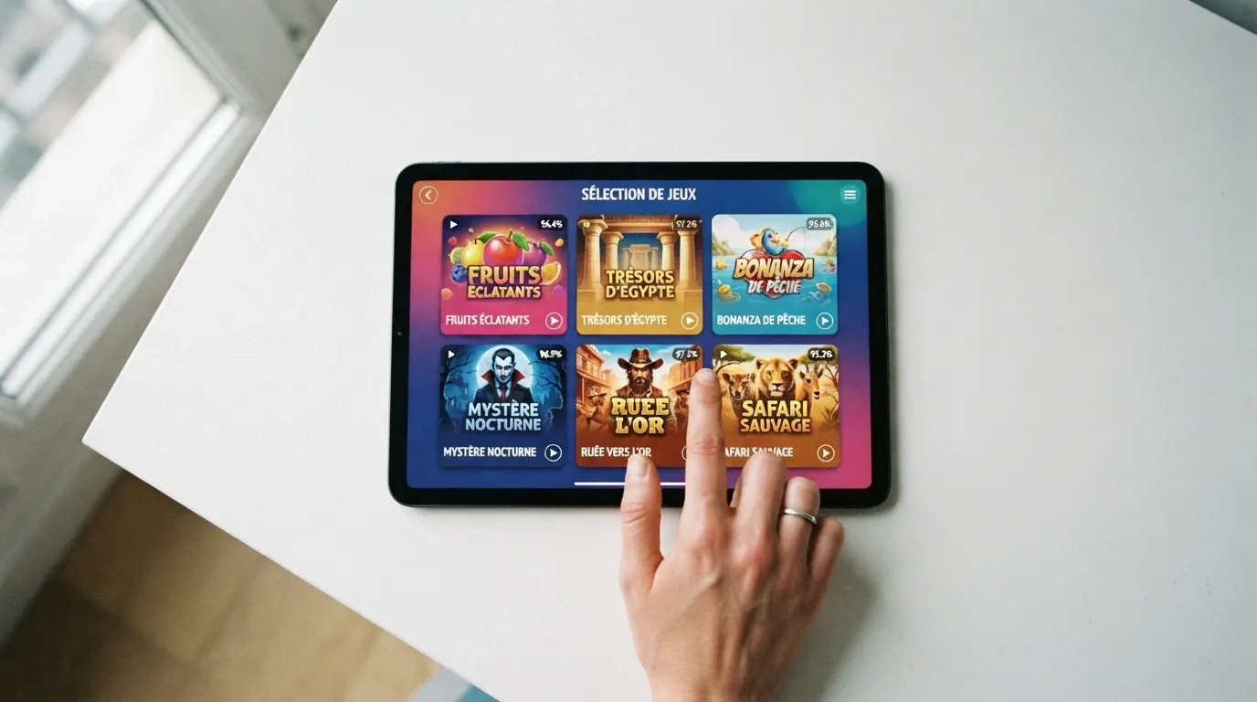 Une sélection de vignettes de machines à sous populaires (Book of Dead, Sweet Bonanza, Gates of Olympus) avec leur RTP affiché